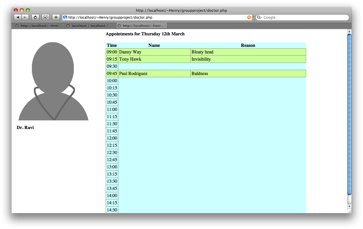 Safari screenshot showing a webpage loaded on localhost with a placeholder avatar for a Dr. Ravi on the left and a list of appointments for Thursday 12th March on the right. The patients are all named after pro skaters such as Tony Hawk and Danny Way, and the illnesses are Theme Hospital illnesses such as bloaty head and invisibility.