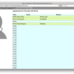 Safari screenshot showing a webpage loaded on localhost with a placeholder avatar for a Dr. Ravi on the left and a list of appointments for Thursday 12th March on the right. The patients are all named after pro skaters such as Tony Hawk and Danny Way, and the illnesses are Theme Hospital illnesses such as bloaty head and invisibility.