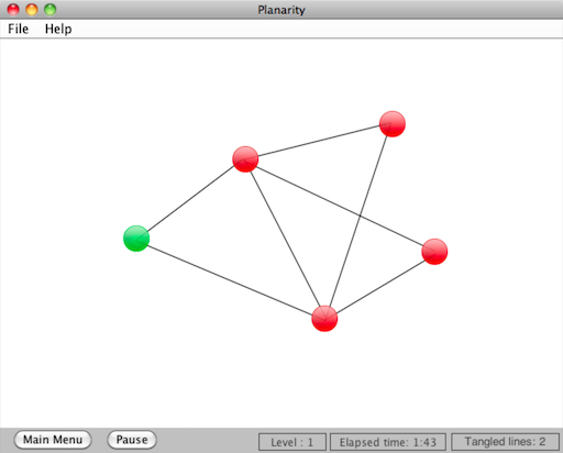 Desktop app screenshot showing a green dot and four red dots and a bunch of black lines connecting them all.