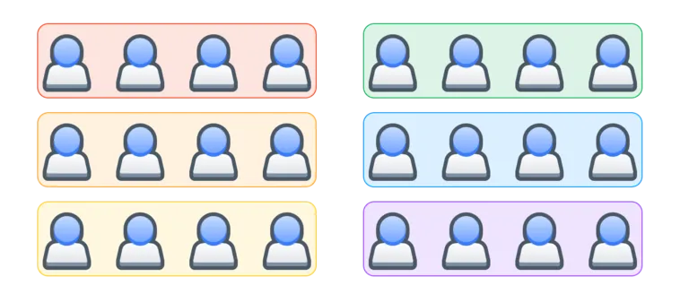 
24 faceless blue humanoids arranged in three rows and two columns.
Each set of four is enclosed in a box representing a squad.