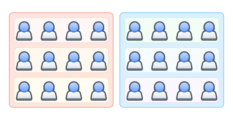 
24 faceless blue humanoids arranged in three rows and two columns.
Each set of four is enclosed in a box representing a squad.
Each column of 12 is enclosed in another box representing a tribe.