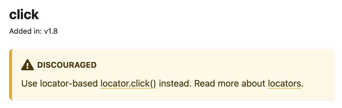 Discouraged. Use locator-based locator.click() instead. Read more about locators.