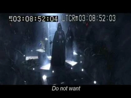 Still from Star Wars bootleg "The Backstroke of the West" with Darth Vader and the caption "Do Not Want"