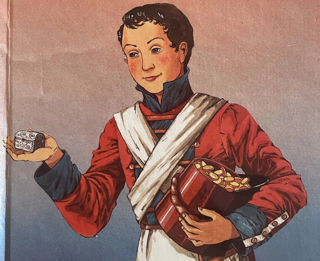    Soldier in a red andw white uniform holding a tinder box in his right hand and a helmet full of gold coins in his left.  