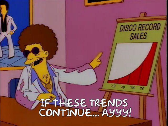 Disco Stu from the Simpsons next to a graph going up and to the right labeled 'Disco Record Sales', where the x-axis is 1973 to 1976, the trend is hockeystick growth, and the caption 'If these trends continue... ay!!'