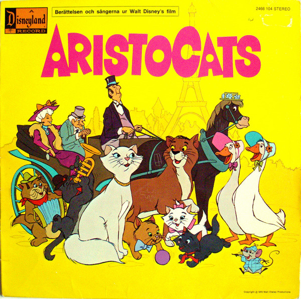 Yellow vinyl sleeve with Aristocats in purple and the characters below