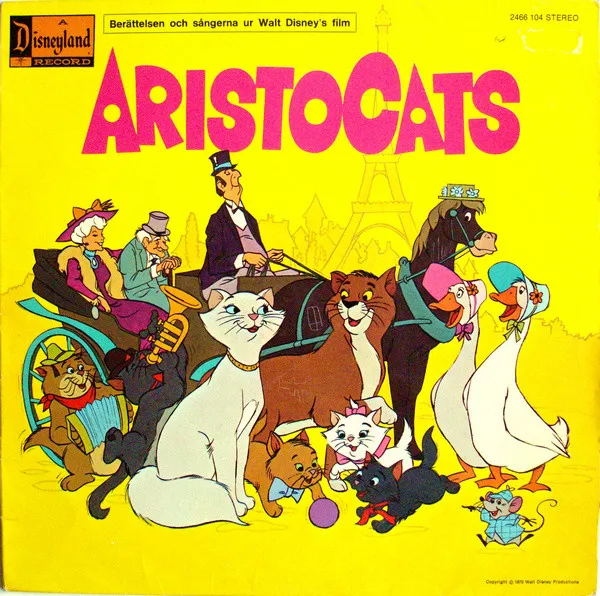 Yellow vinyl sleeve with Aristocats in purple and the characters below