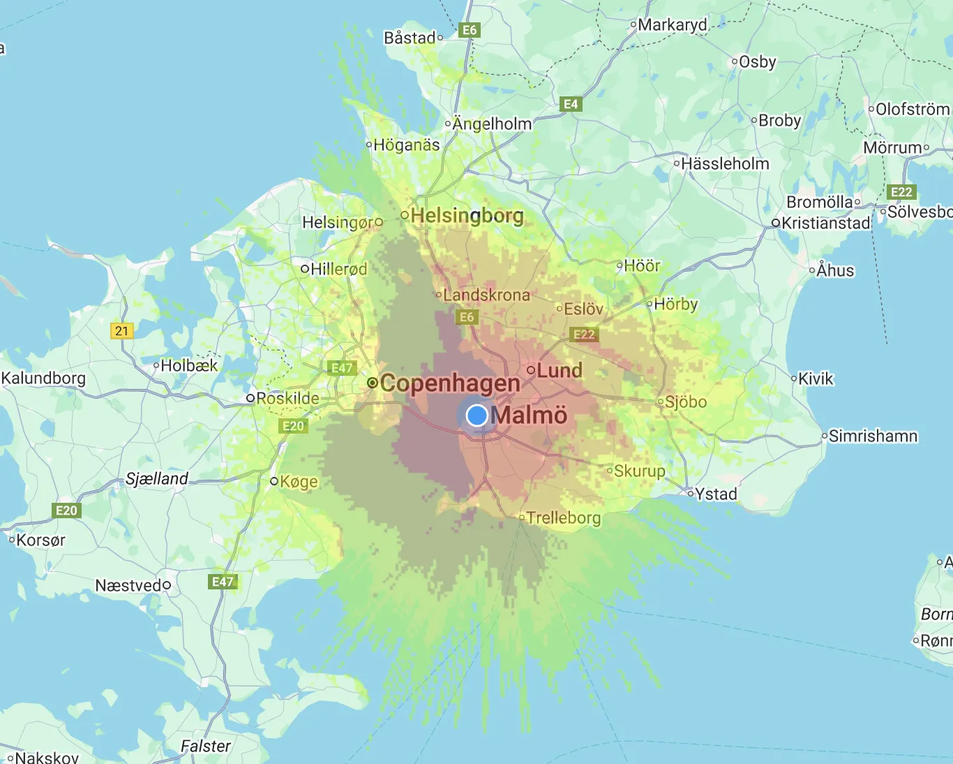 Map of the Öresund region showing a red zone over Malmö and then concentric yellow and green zones expanding out beyond