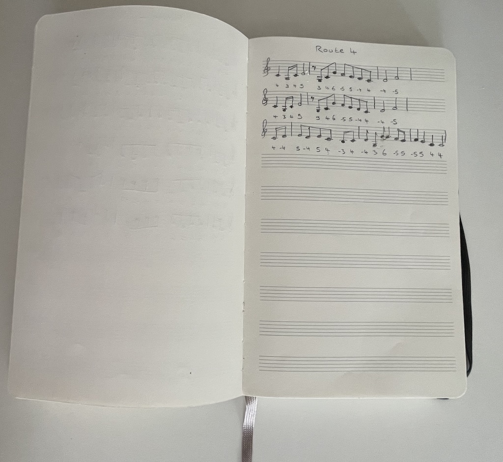 Music notebook open to a page titled Route 4 with 3 lines of musical notation with tabs