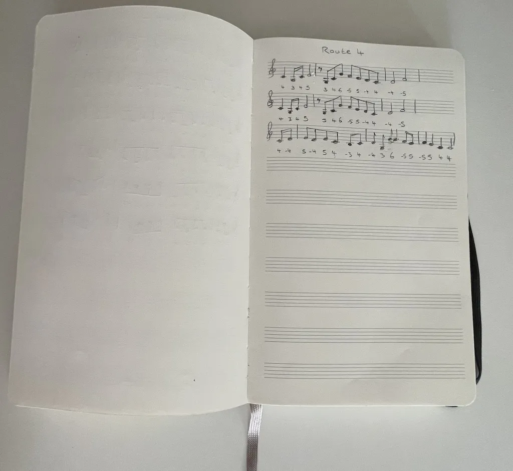 Music notebook open to a page titled Route 4 with 3 lines of musical notation with tabs