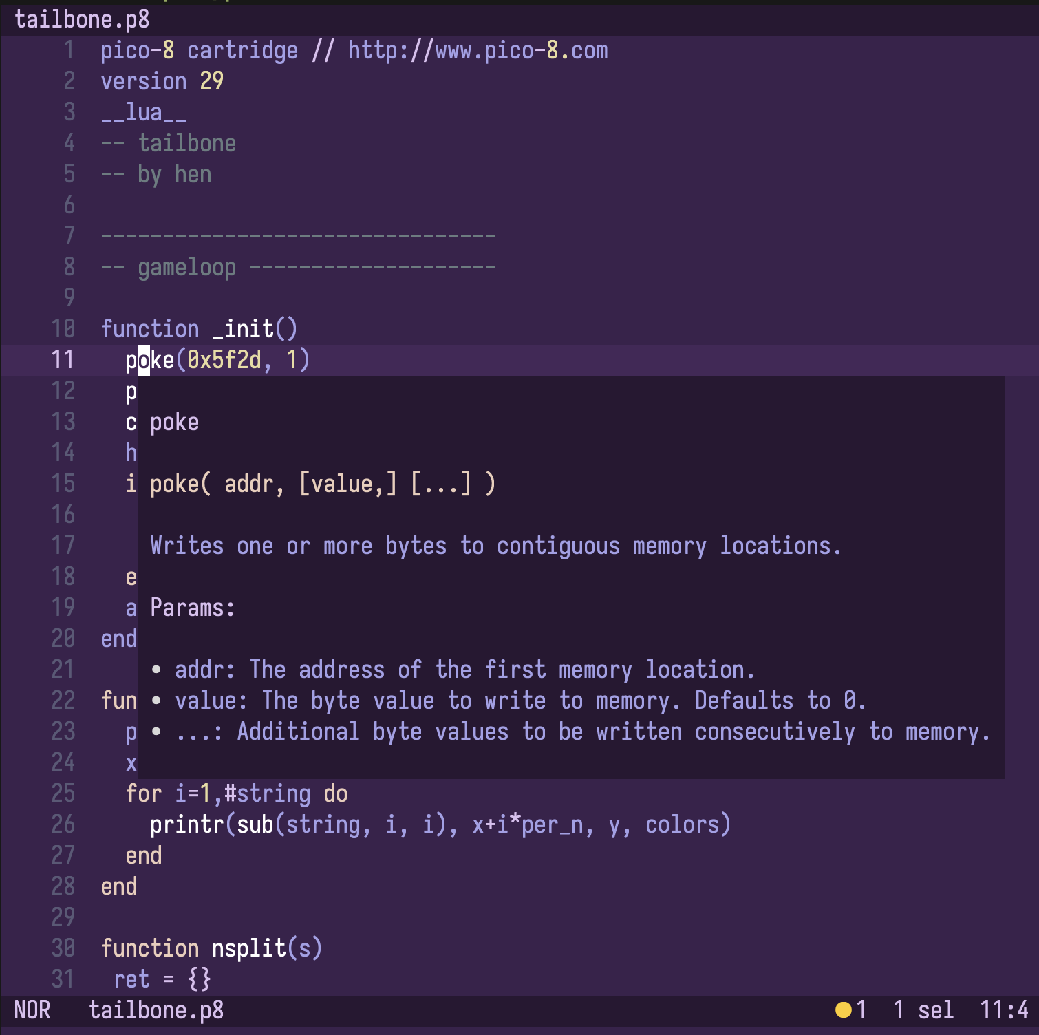 Helix screenshot showing some PICO-8 Lua code with the cursor on a poke() call and a popup window displaying the API documentation for poke()