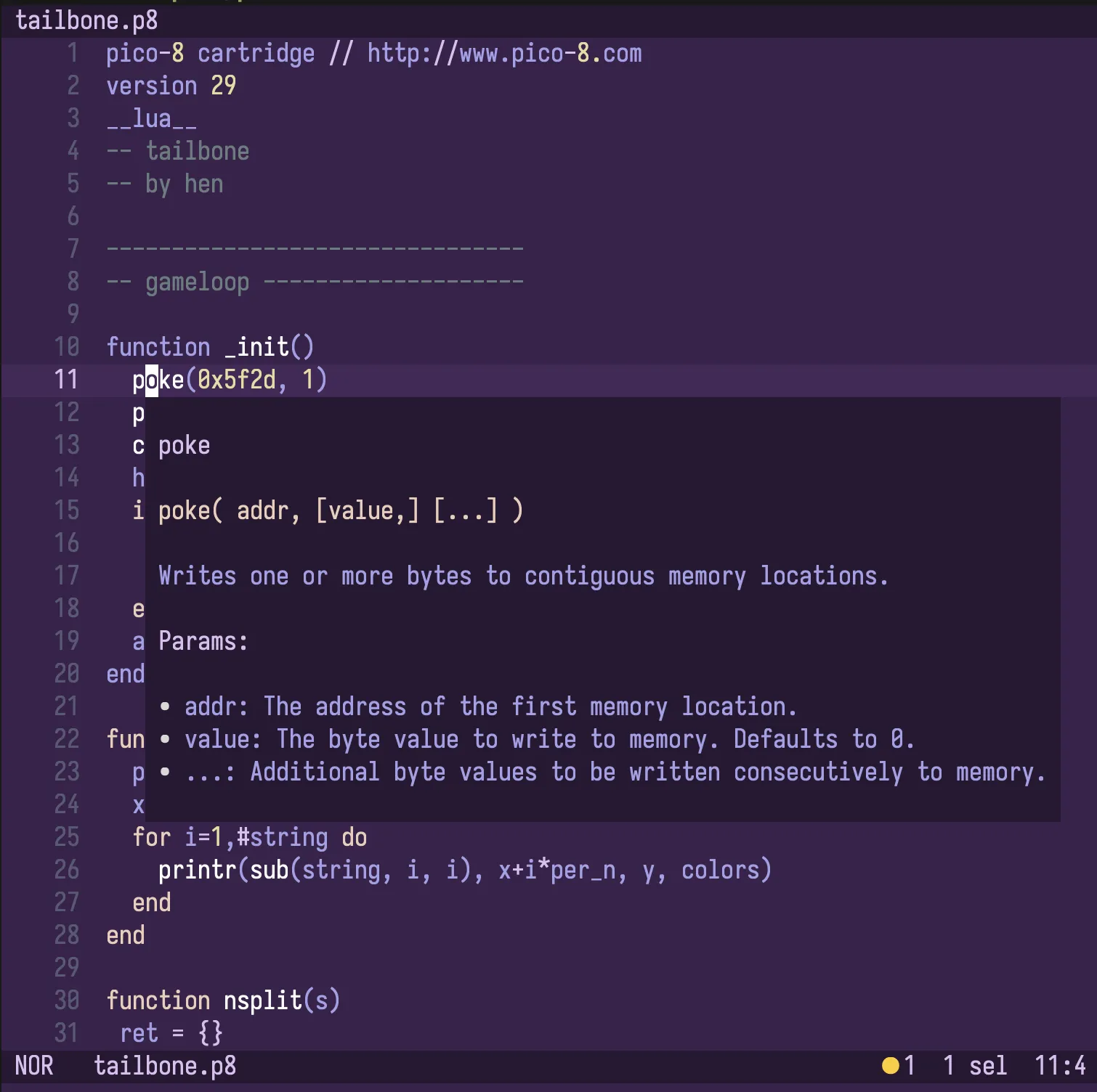 Helix screenshot showing some PICO-8 Lua code with the cursor on a poke() call and a popup window displaying the API documentation for poke()