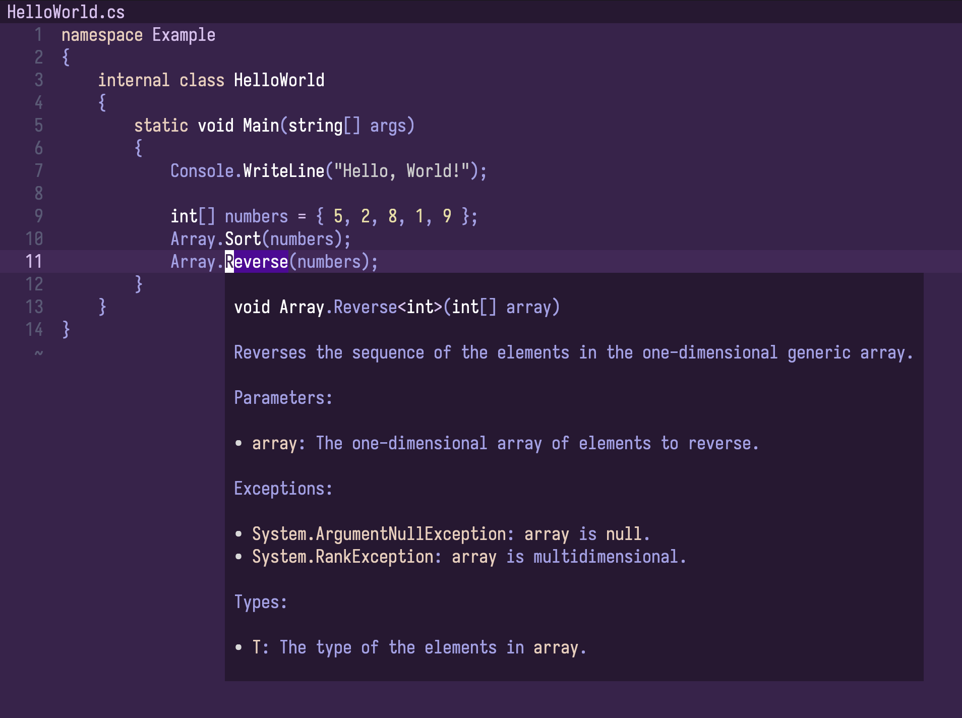 Helix screenshot showing some C# code with the cursor on a Reverse() call and a popup window displaying the API documentation for Reverse()