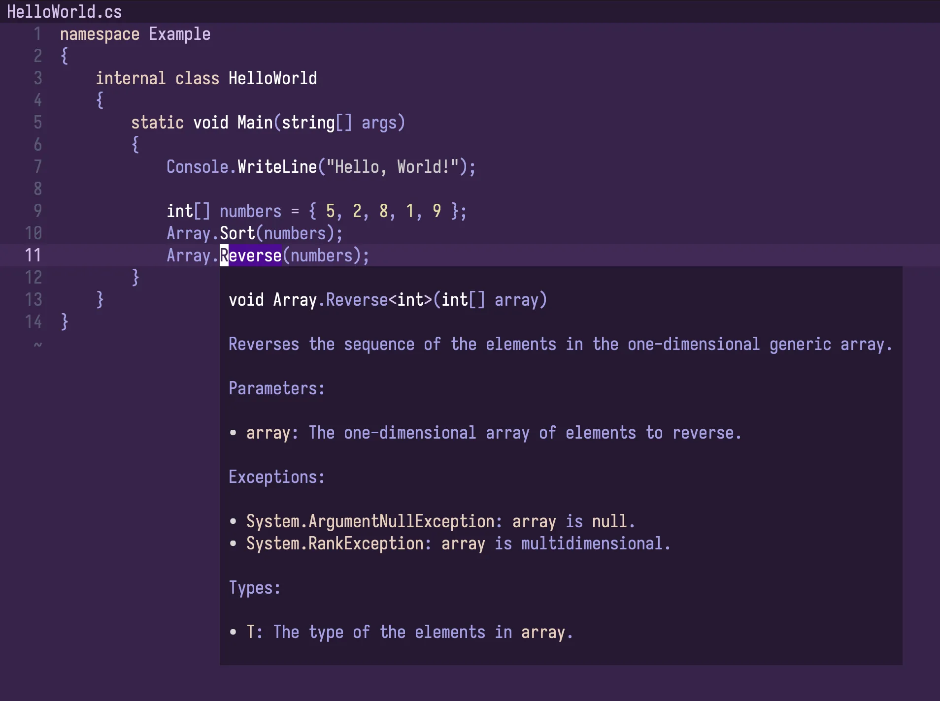 Helix screenshot showing some C# code with the cursor on a Reverse() call and a popup window displaying the API documentation for Reverse()