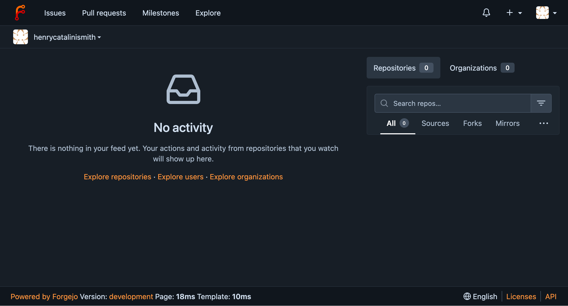 Blank new Forgejo instance showing No activity, There is nothing in your feed yet. Your actions and activity from repositories that you watch will show up here.