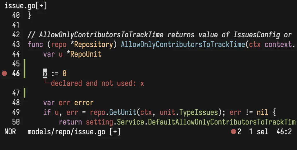 Helix screenshot showing an unused variable x := 0 being annotated as 'declared and not used: x'