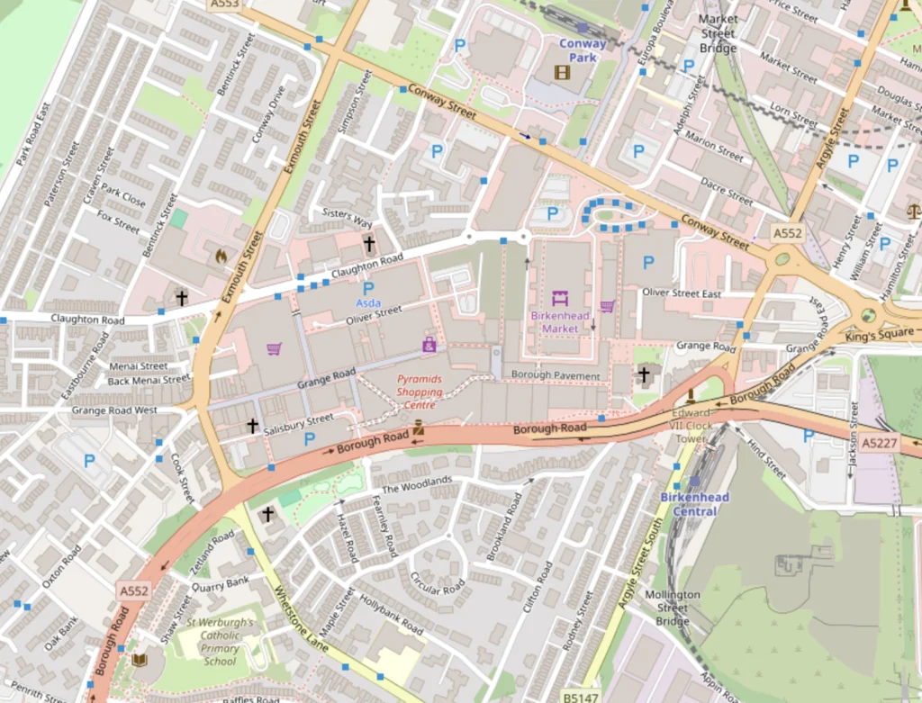 Map of Birkenhead. Birkenhead market and the Pyramids shopping centre are visible.