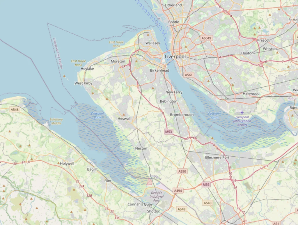 Map of the Wirral, which is a peninsula with an oblong shape.