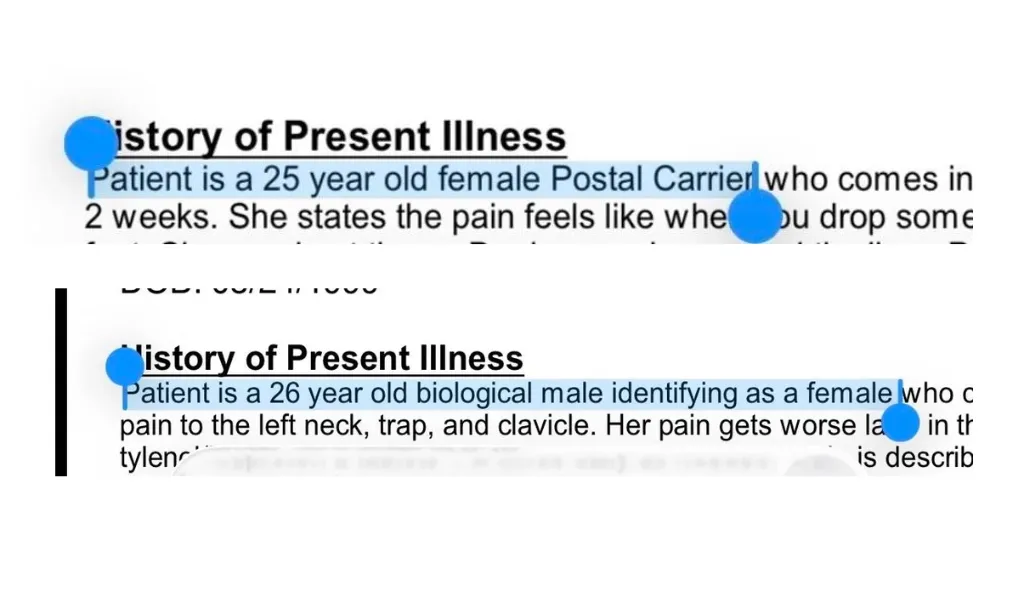 
   History of Present Illness
   Patient is a 25 year old female Postal Carrier who comes in 2 weeks. She states the pain feels like whe..
   History of Present Illness Patient is a 26 year old biological male identifying
   as a female who c pain to the left neck, trap, and clavicle. Her pain gets worse
  