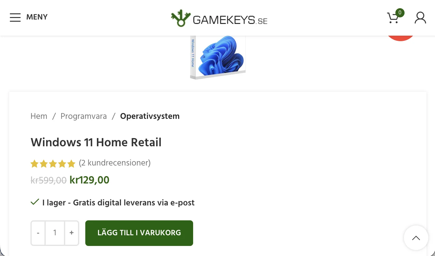 Website screenshot saying gamekeys.se, Windows 11 Home Retail, 129kr