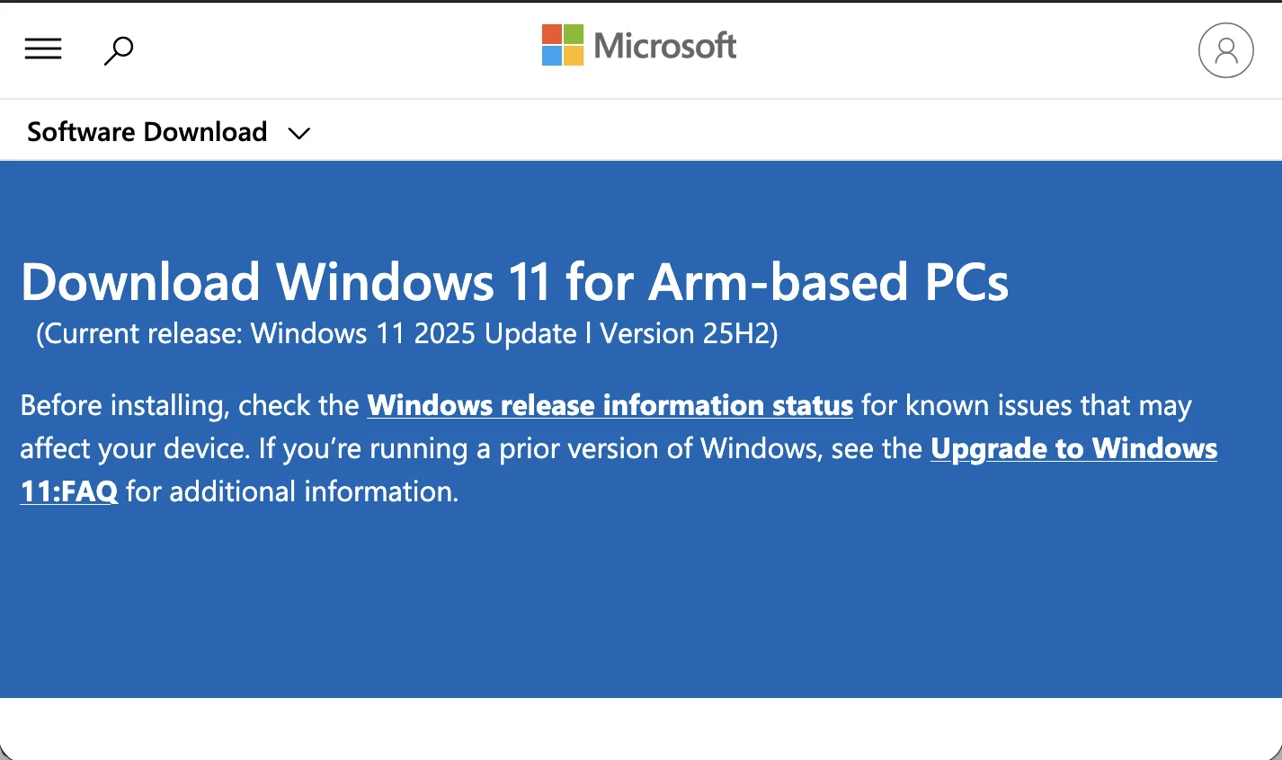 Website screenshot saying Download Windows 11 for Arm-based PCs