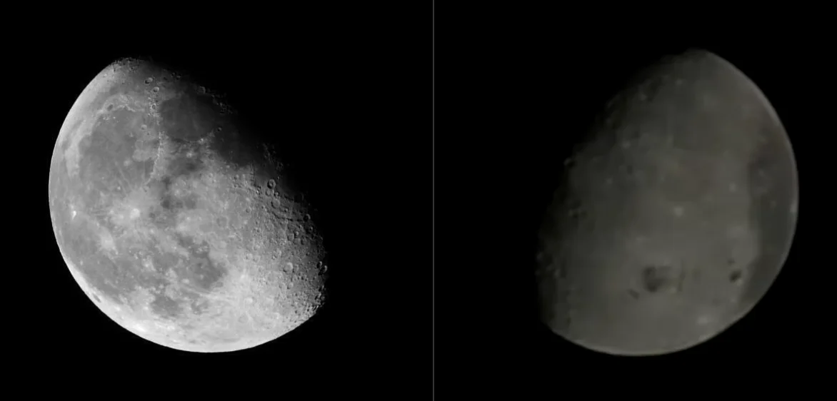 Composite image. Left hand side shows a moon with the top right hand side blacked out by shadow. Right hand side shows a moon with the top left blacked out by shadow. The right-hand moon is markedly flatter.