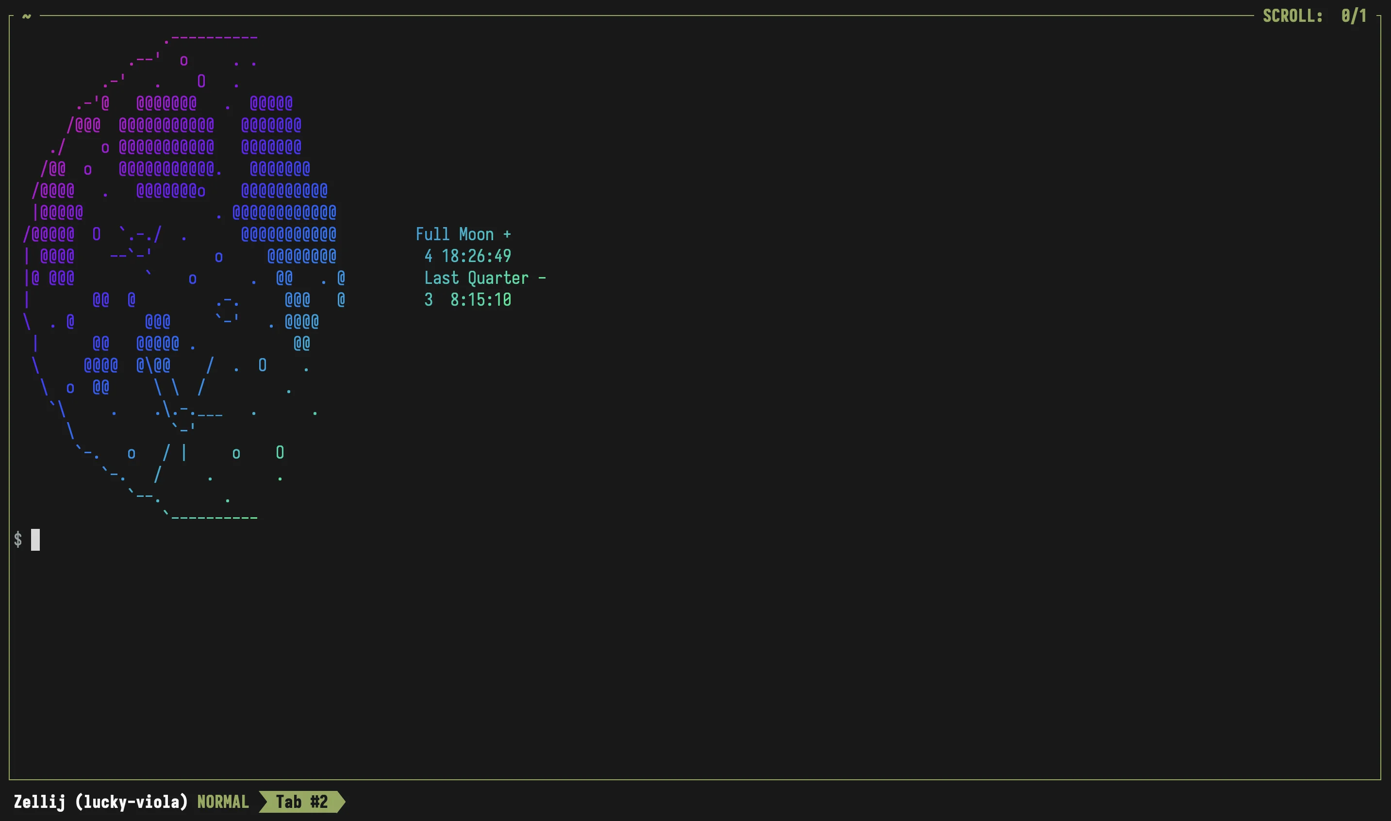 Terminal screenshot showing an ASCII art representation of the moon in multiple colours
